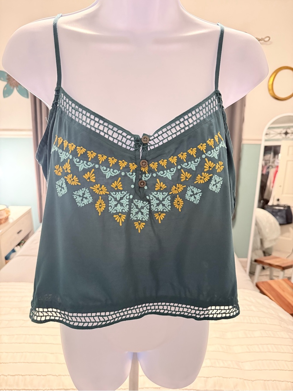 La Hearts Teal Embroidered Spaghetti Strap Camisole
